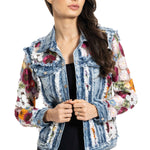 Adore Denim Jacket Inset with Floral Appliqued Mesh at ooh la la! in Grapevine TX 76051