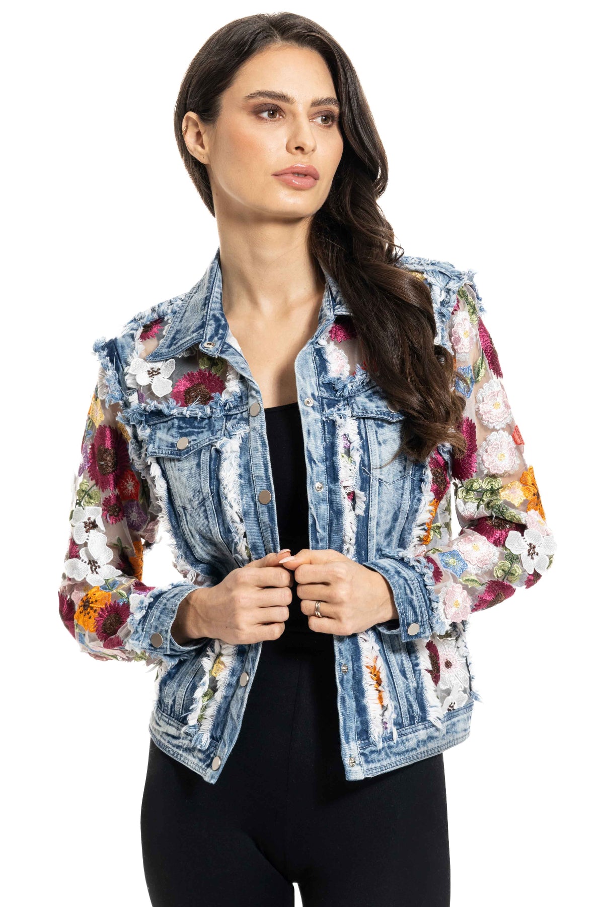 Adore Denim Jacket Inset with Floral Appliqued Mesh at ooh la la! in Grapevine TX 76051