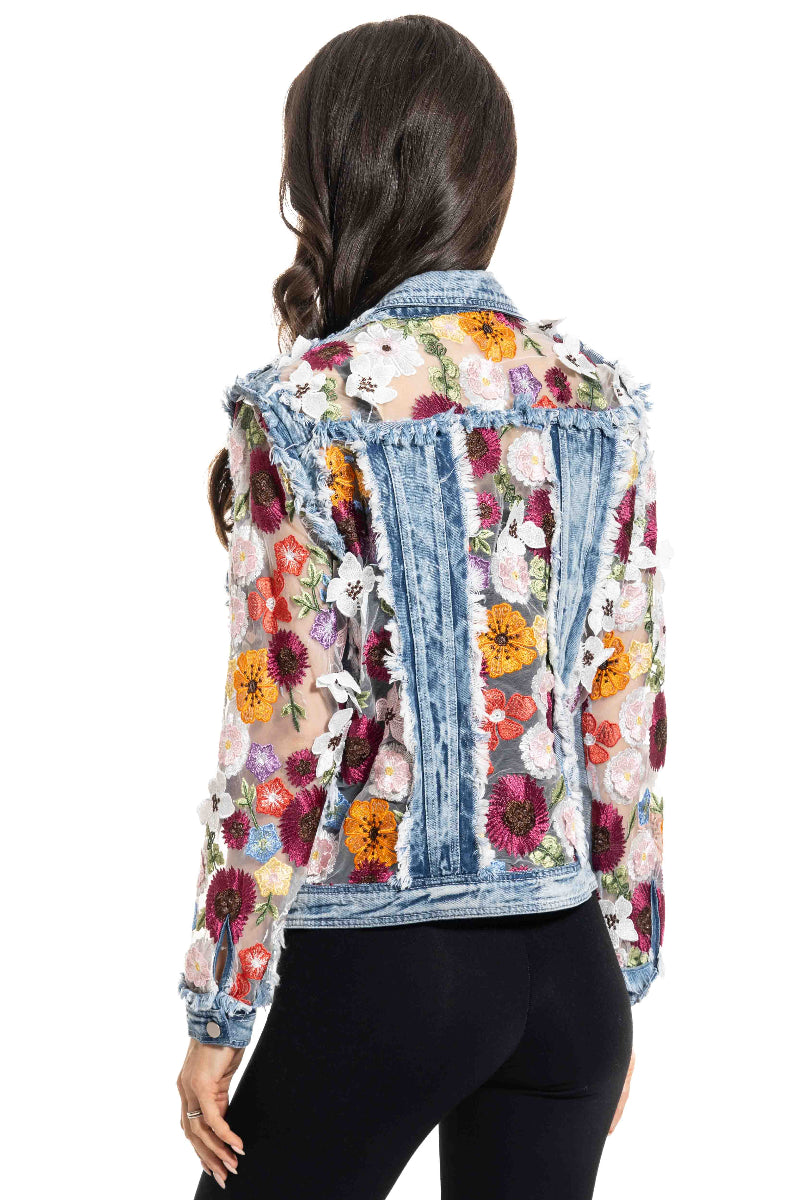 Adore Denim Jacket Inset with Floral Appliqued Mesh at ooh la la! in Grapevine TX 76051