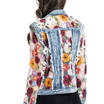 Adore Denim Jacket Inset with Floral Appliqued Mesh at ooh la la! in Grapevine TX 76051