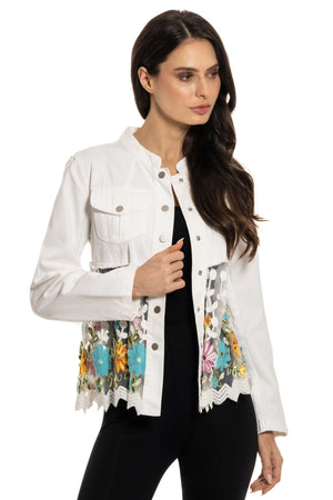 Adore Denim Babydoll Jacket w/ Floral Mesh Embroidery at ooh la la! in Grapevine TX 76051