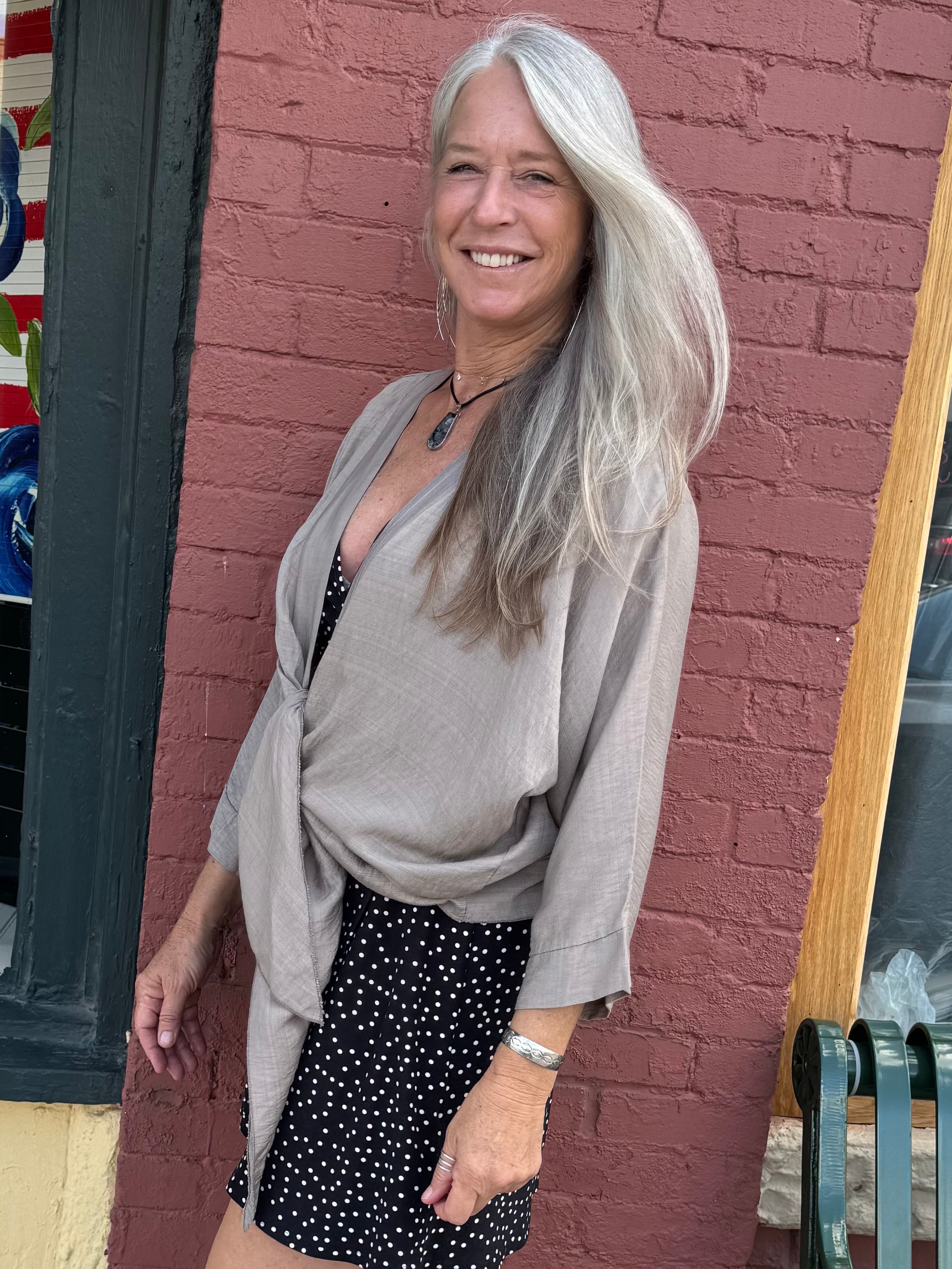 Made in Italy Tie Front Batwing Cardigan in taupe at ooh la la! in Grapevine TX 76051