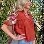 THML Floral Embroidered Sleeve VNeck Top in rust at Ooh La La! in Grapevine TX 76051