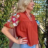 THML Floral Embroidered Sleeve VNeck Top in rust at Ooh La La! in Grapevine TX 76051