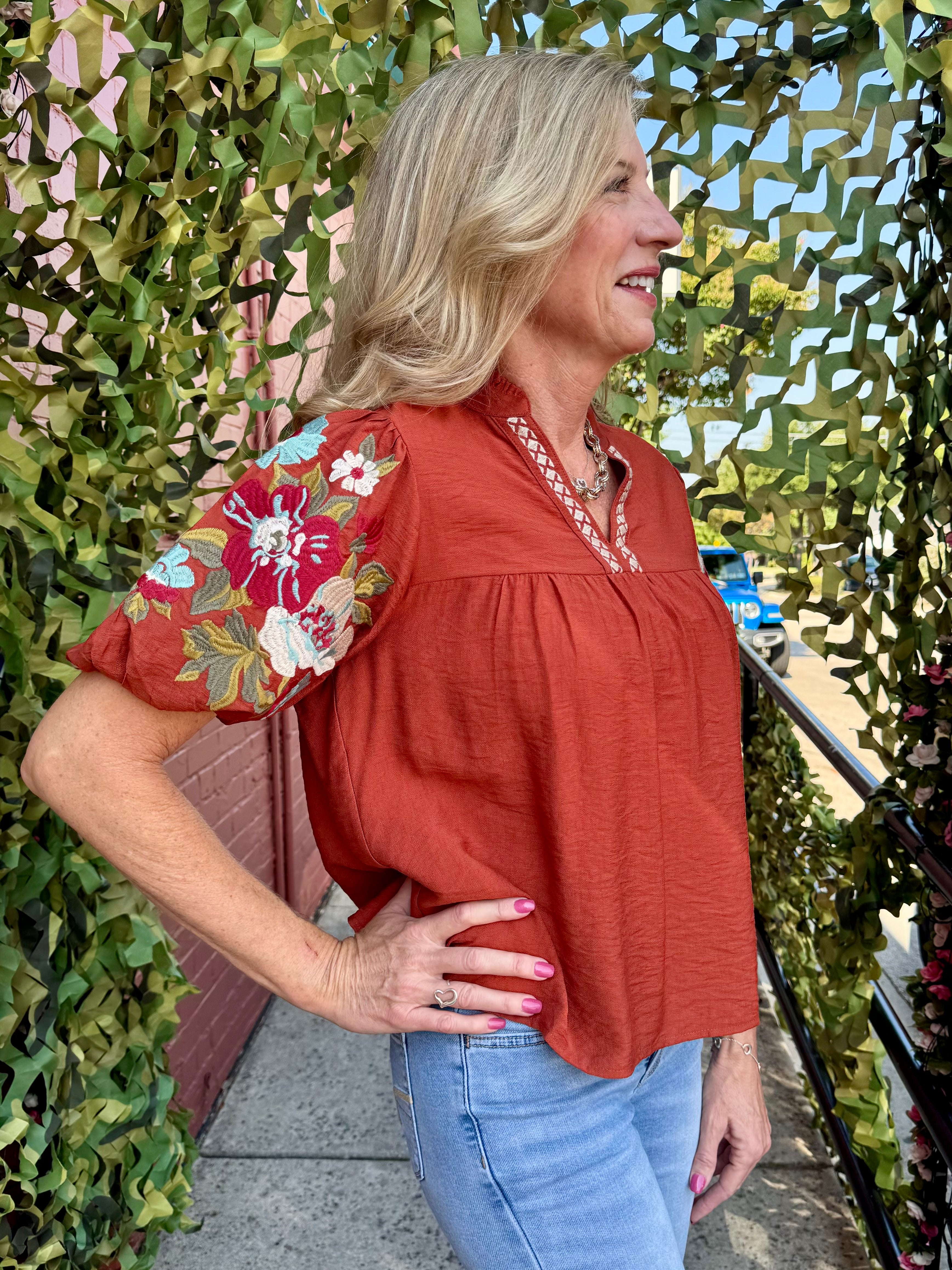 THML Floral Embroidered Sleeve VNeck Top in rust at Ooh La La! in Grapevine TX 76051