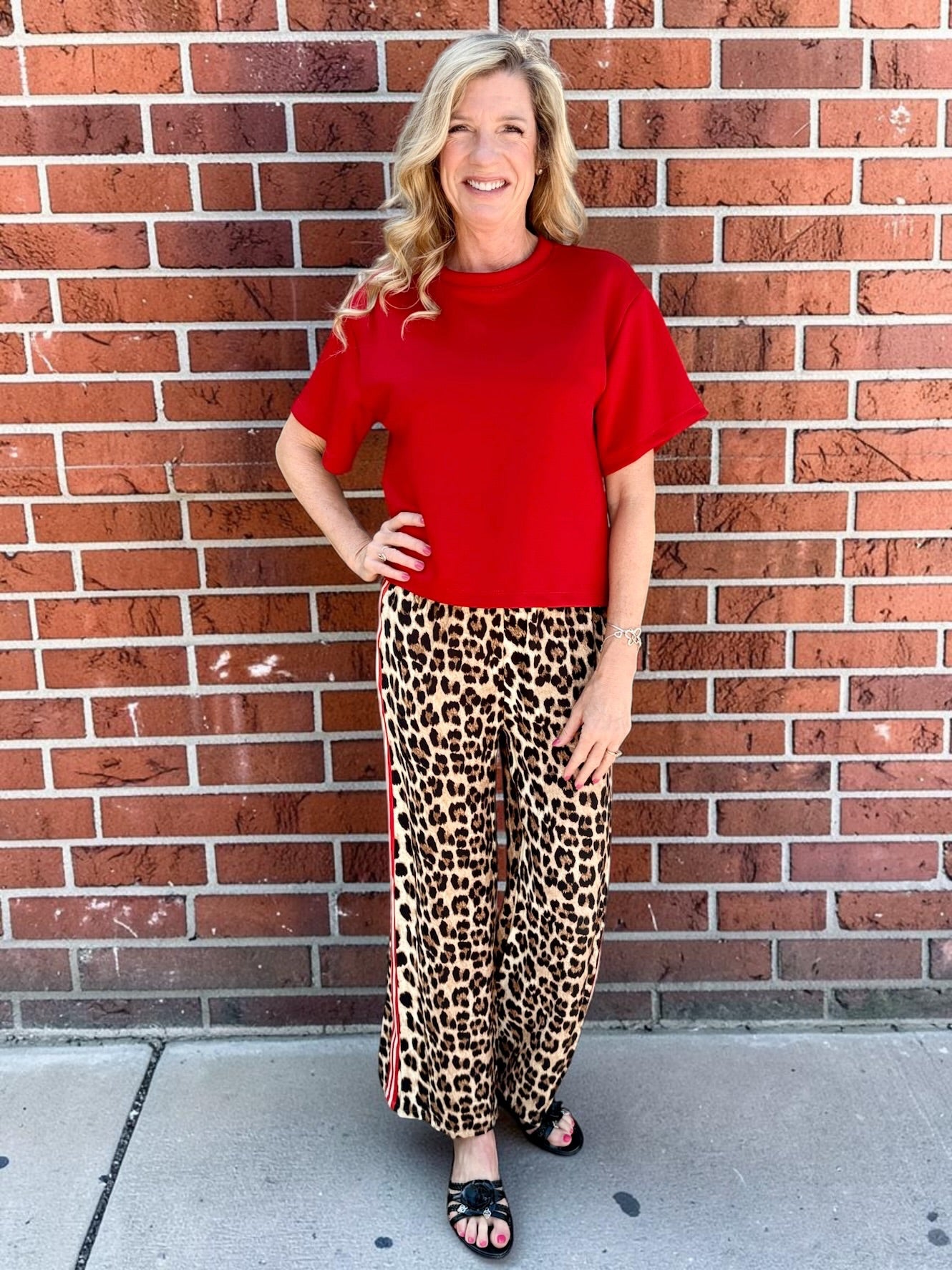 Bold Leopard with Red Racing Side Stripe Pant at ooh la la! in Grapevine TX 76051