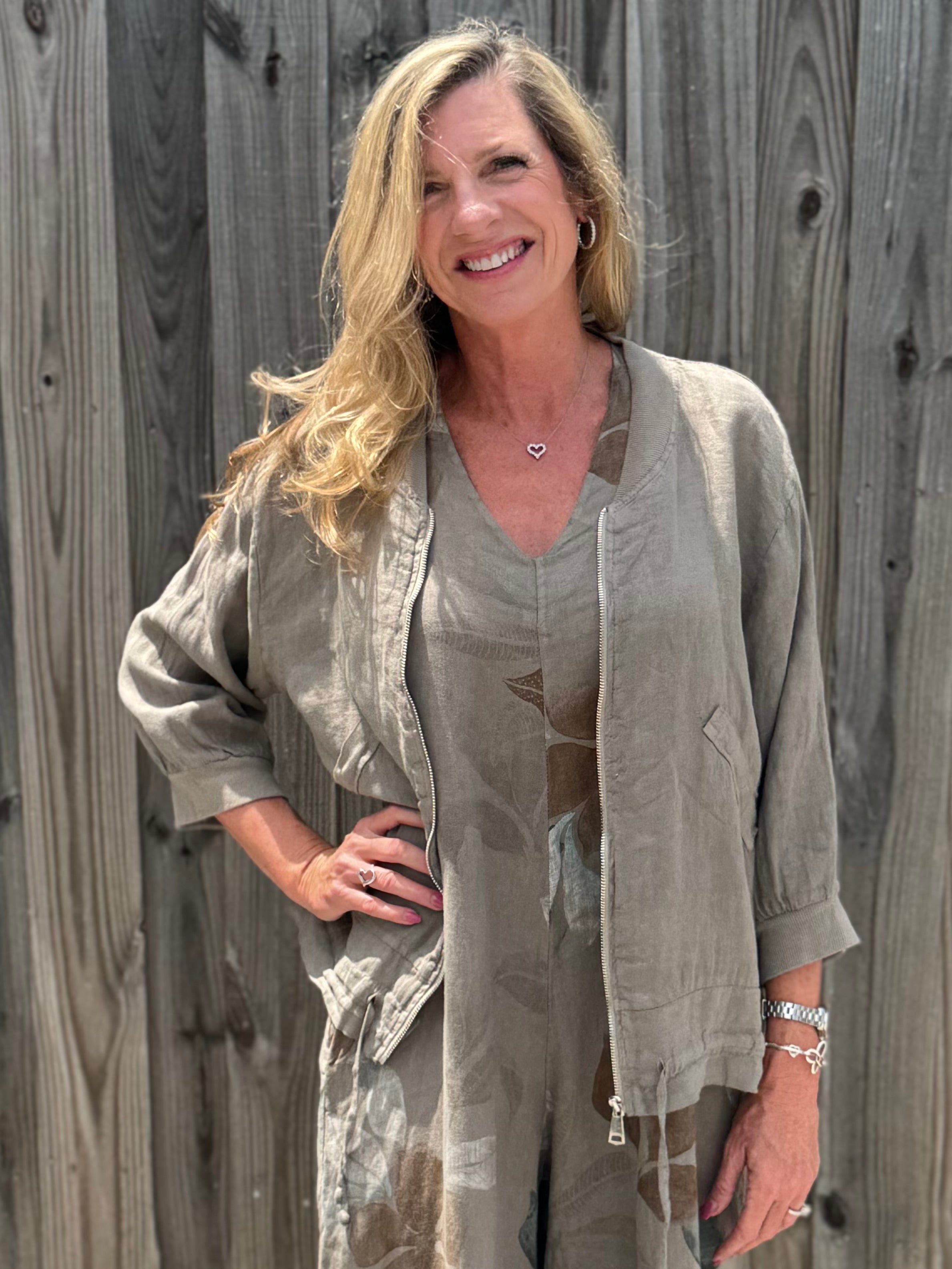 Linen Bomber Jacket in taupe at ooh la la! in Grapevine TX 76051
