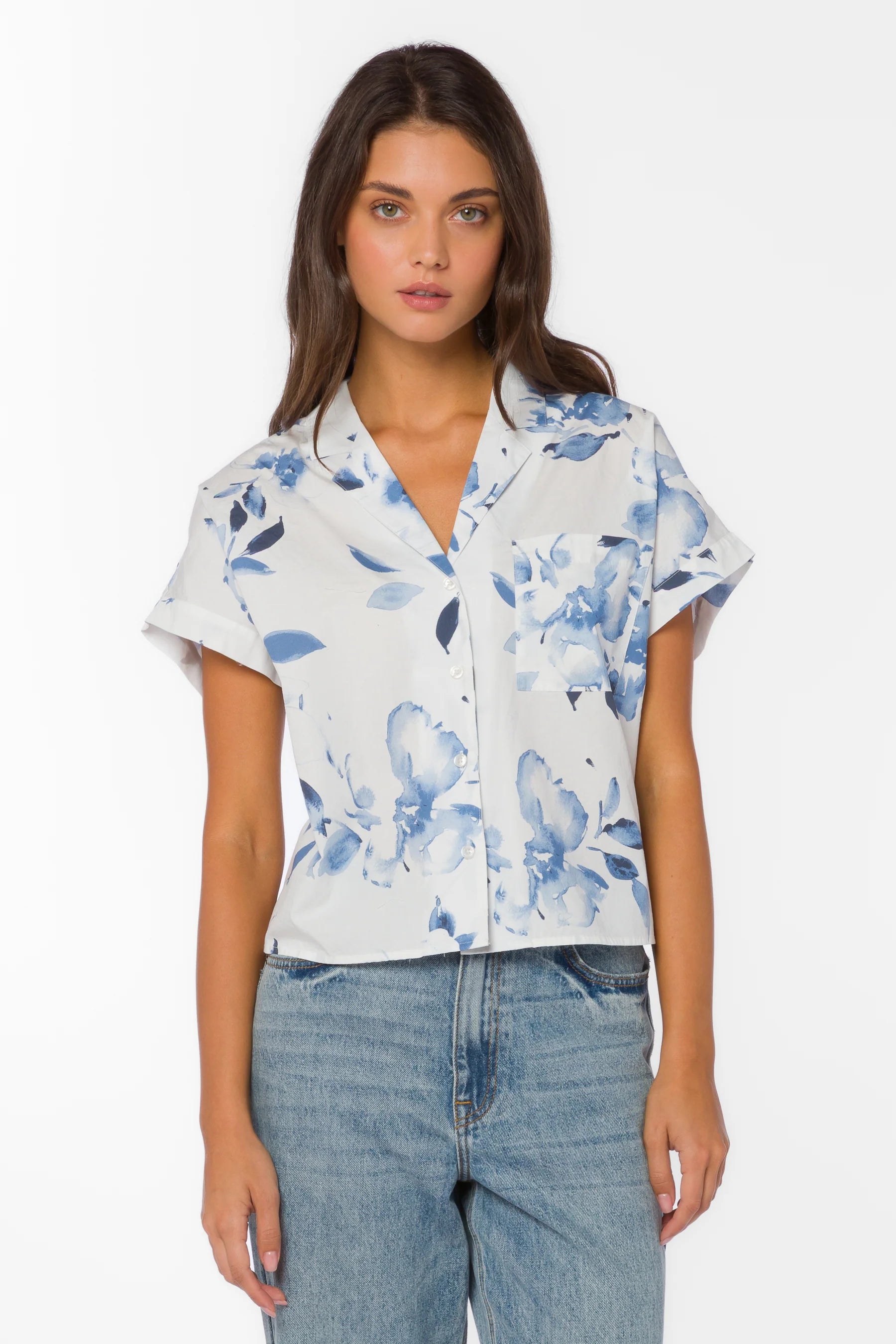 Bane Blouse, Floral Cotton Shirt, Women's Camp Shirt, Short Sleeve Button Up, Washed Waterflower Top, Breathable Floral Blouse, Relaxed Fit Cotton Shirt at oh la la! in Grapevine TX 76051
