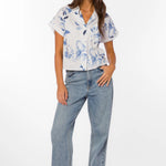 Bane Blouse, Floral Cotton Shirt, Women's Camp Shirt, Short Sleeve Button Up, Washed Waterflower Top, Breathable Floral Blouse, Relaxed Fit Cotton Shirt at oh la la! in Grapevine TX 76051