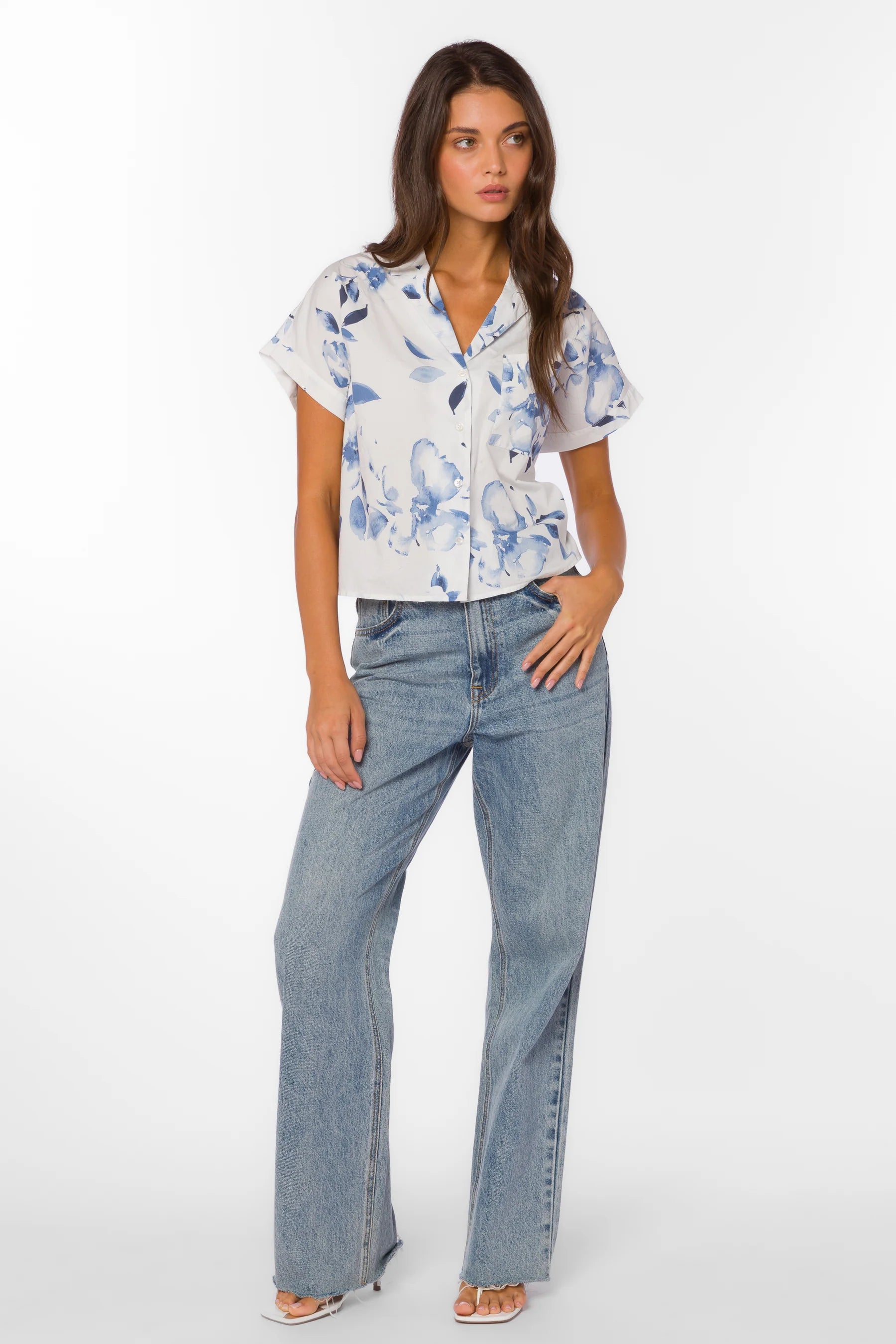 Bane Blouse, Floral Cotton Shirt, Women's Camp Shirt, Short Sleeve Button Up, Washed Waterflower Top, Breathable Floral Blouse, Relaxed Fit Cotton Shirt at oh la la! in Grapevine TX 76051