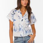 Bane Blouse, Floral Cotton Shirt, Women's Camp Shirt, Short Sleeve Button Up, Washed Waterflower Top, Breathable Floral Blouse, Relaxed Fit Cotton Shirt at oh la la! in Grapevine TX 76051