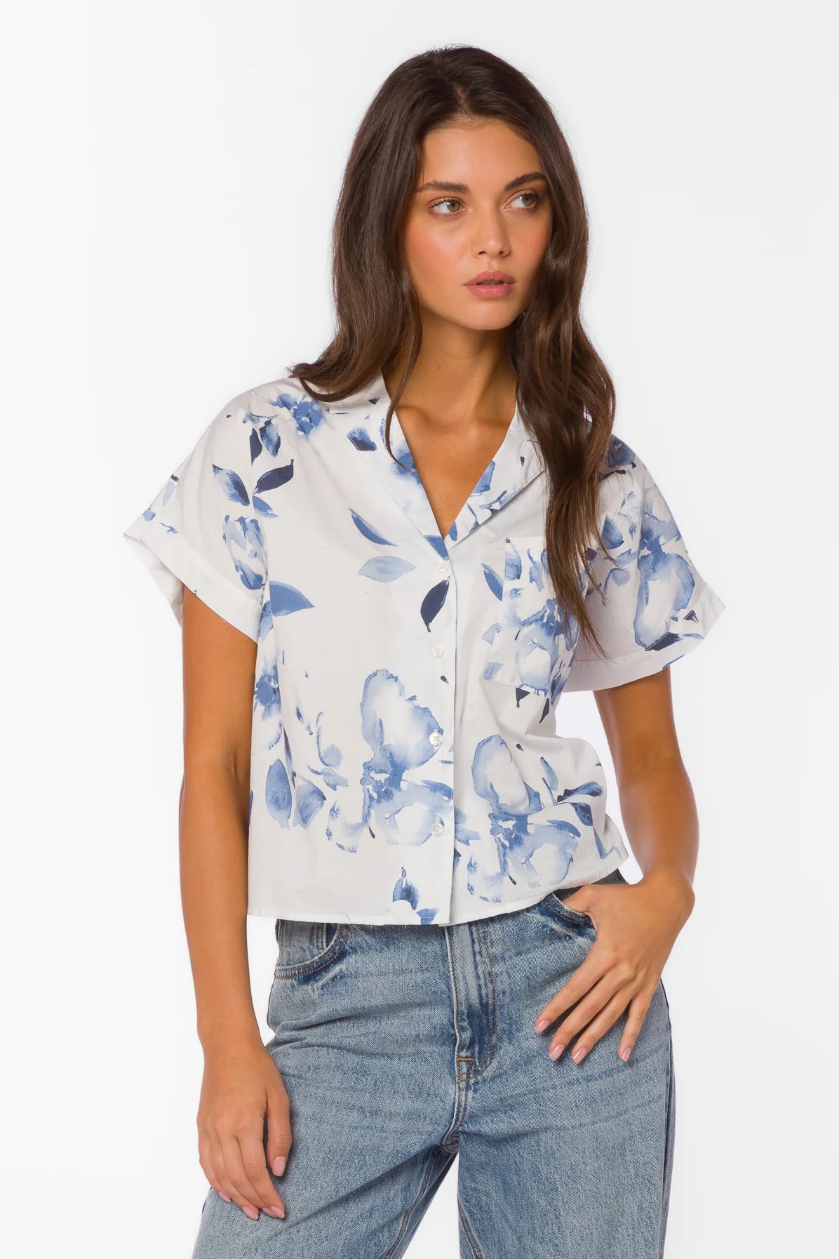 Bane Blouse, Floral Cotton Shirt, Women's Camp Shirt, Short Sleeve Button Up, Washed Waterflower Top, Breathable Floral Blouse, Relaxed Fit Cotton Shirt at oh la la! in Grapevine TX 76051