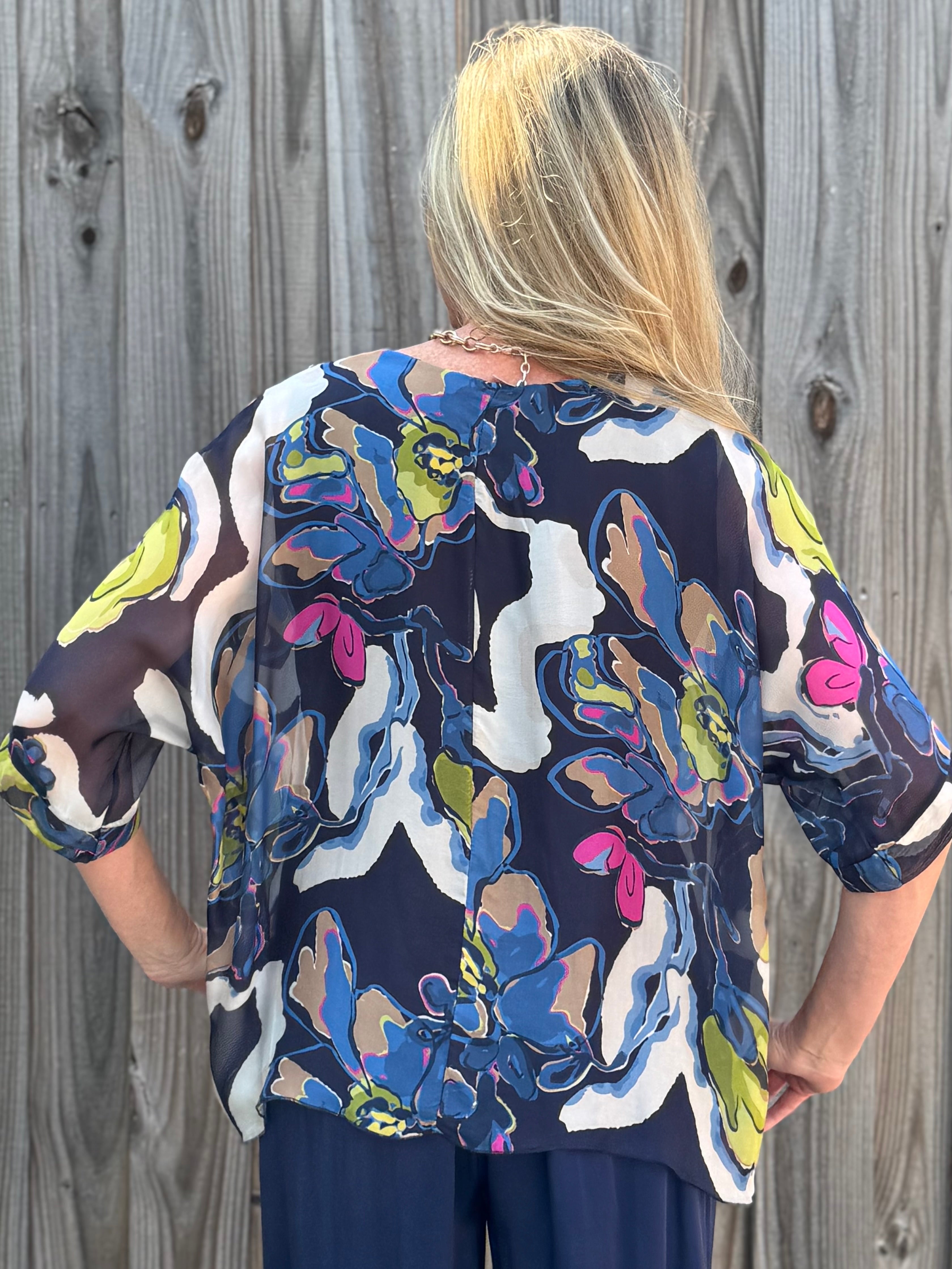 Abstract Flower Print Silk Raw Edge Blouse in navy at ooh la la! in Grapevine TX 76051