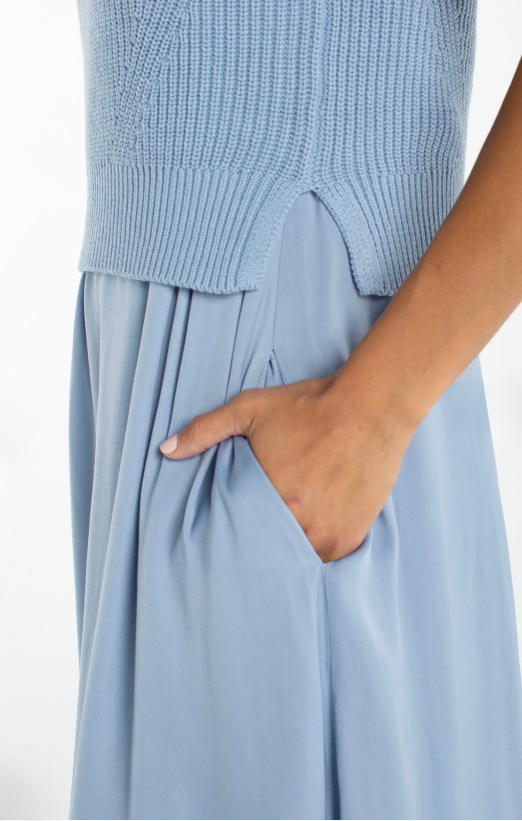 Liverpool Sleeveless Tie Back Sweater Woven Dress in malibu blue at Ooh La La! in Grapevine TX 76051