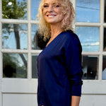 Satin Long Sleeve V-Neck Blouse In navy at ooh la la! In Grapevine TX 76051