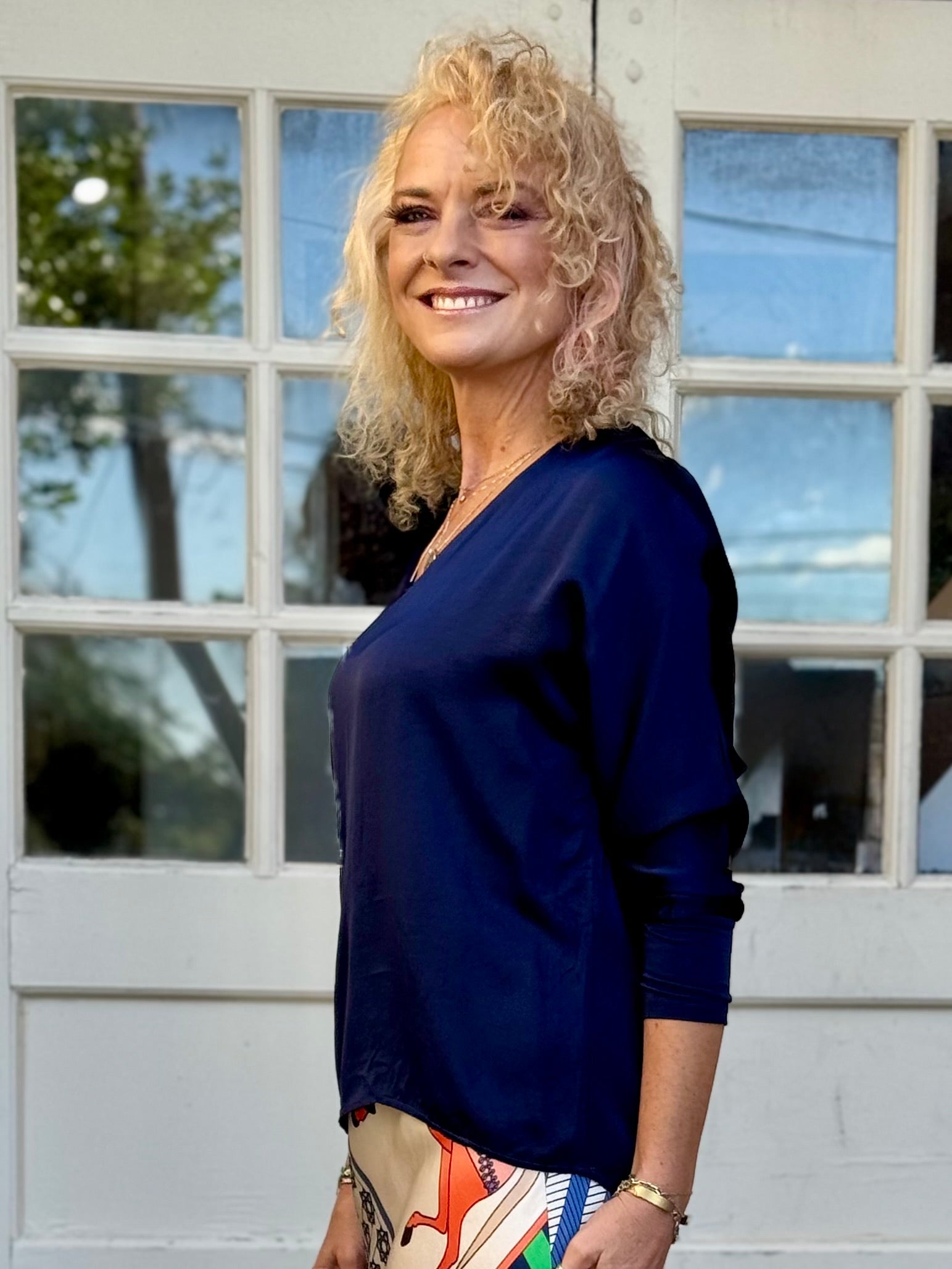 Satin Long Sleeve V-Neck Blouse In navy at ooh la la! In Grapevine TX 76051