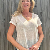 Molly Bracken Gold Beaded Trim V-Neck Top in Cream at ooh la la! in Grapevine TX 76051