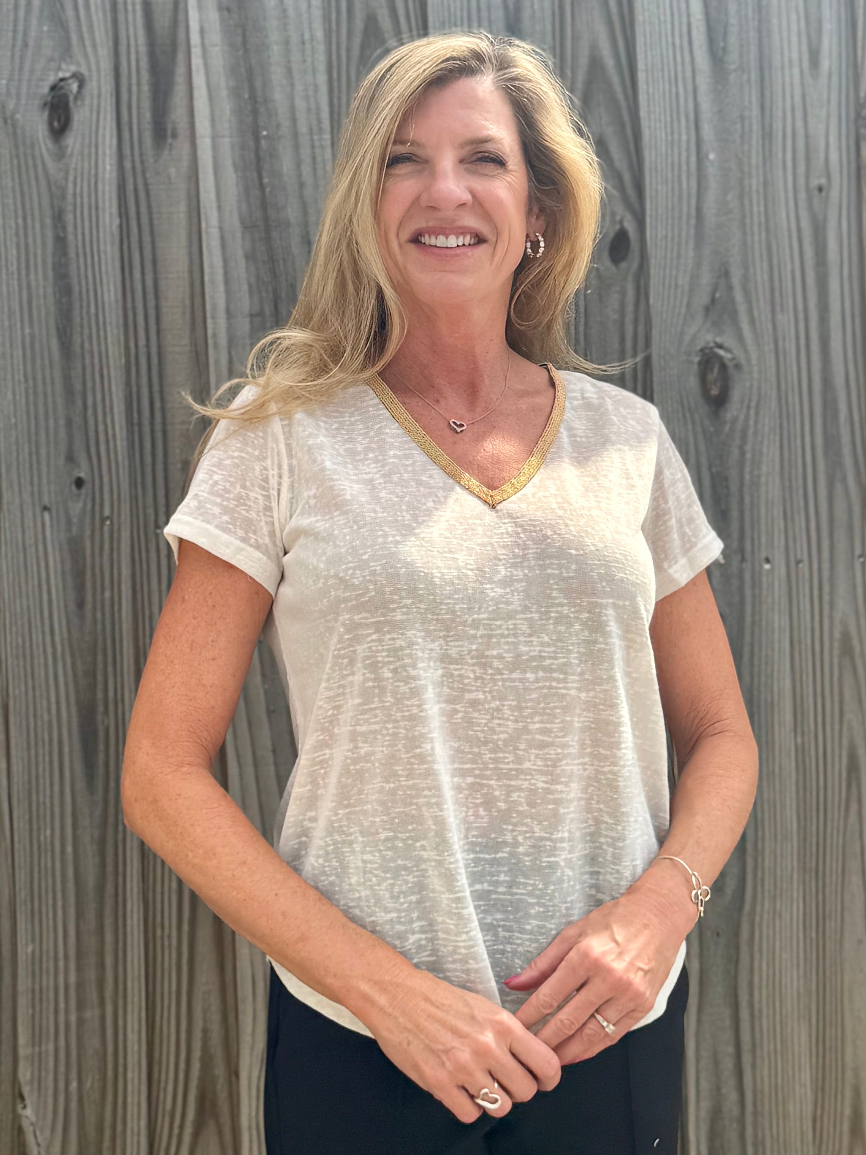 Molly Bracken Gold Beaded Trim V-Neck Top in Cream at ooh la la! in Grapevine TX 76051