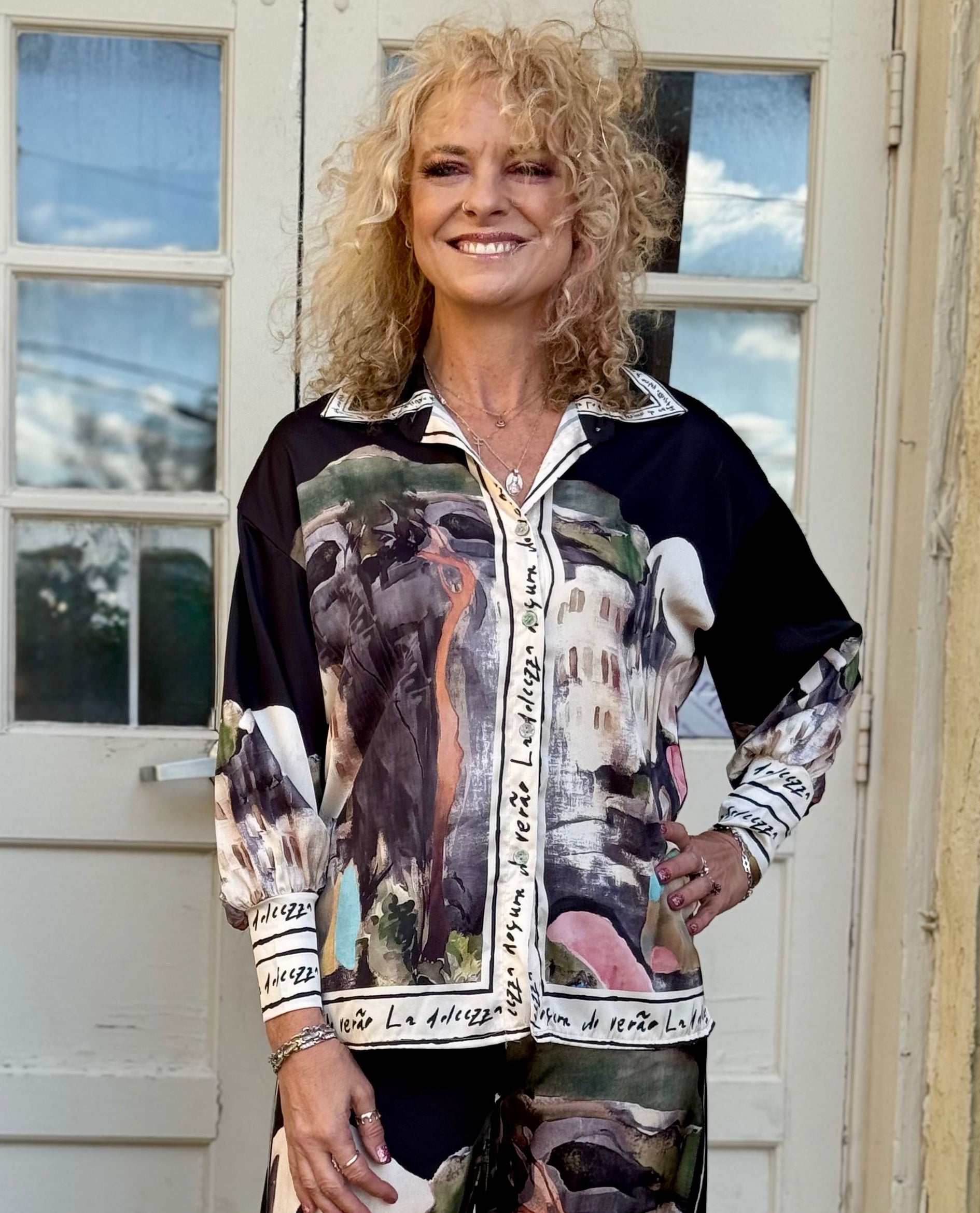 Satin Village Print Long Sleeve Blouse in black at ooh la la! in Grapevine TX 76051