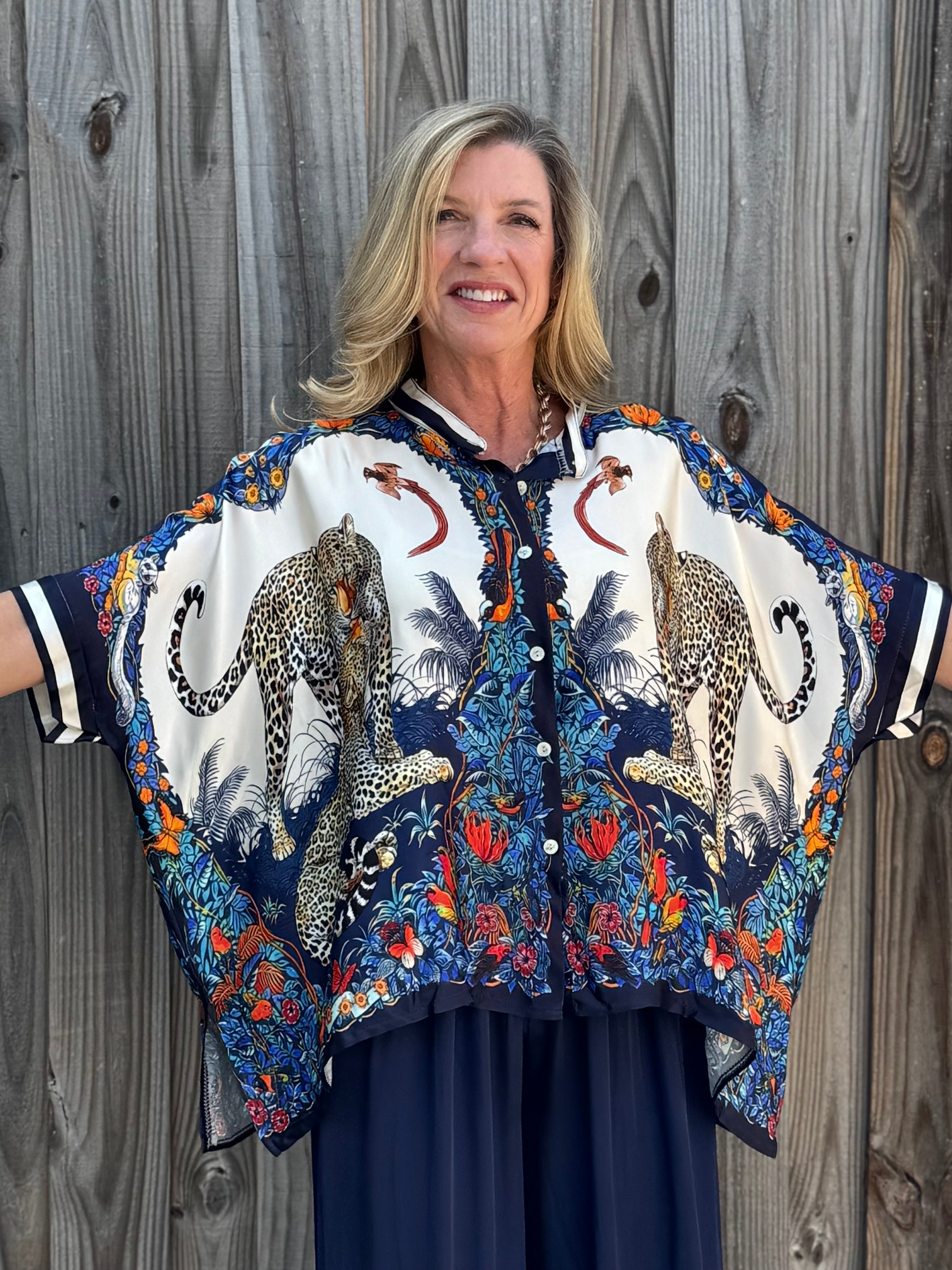 Satin Safari Blouse in Navy at ooh la la! in Grapevine TX 76051