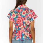floral peplum blouse, women's short sleeve shirt, smocked back top, lyocell floral shirt, pleated waist blouse, spring floral top, Peri Spring Garden shirt, feminine button-down blouse at ooh la la! in Grapevine TX 76051