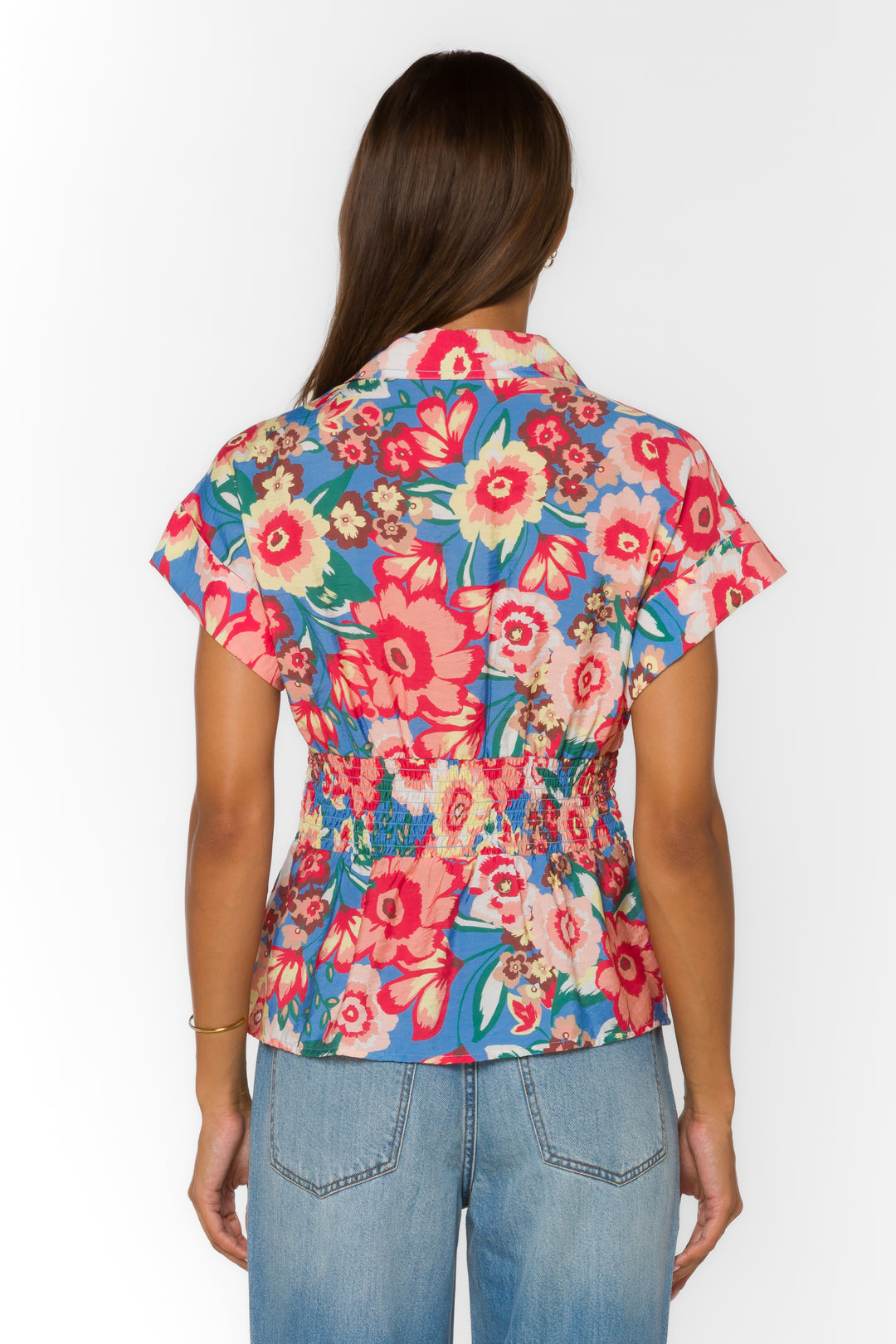 floral peplum blouse, women's short sleeve shirt, smocked back top, lyocell floral shirt, pleated waist blouse, spring floral top, Peri Spring Garden shirt, feminine button-down blouse at ooh la la! in Grapevine TX 76051