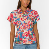 floral peplum blouse, women's short sleeve shirt, smocked back top, lyocell floral shirt, pleated waist blouse, spring floral top, Peri Spring Garden shirt, feminine button-down blouse at ooh la la! in Grapevine TX 76051