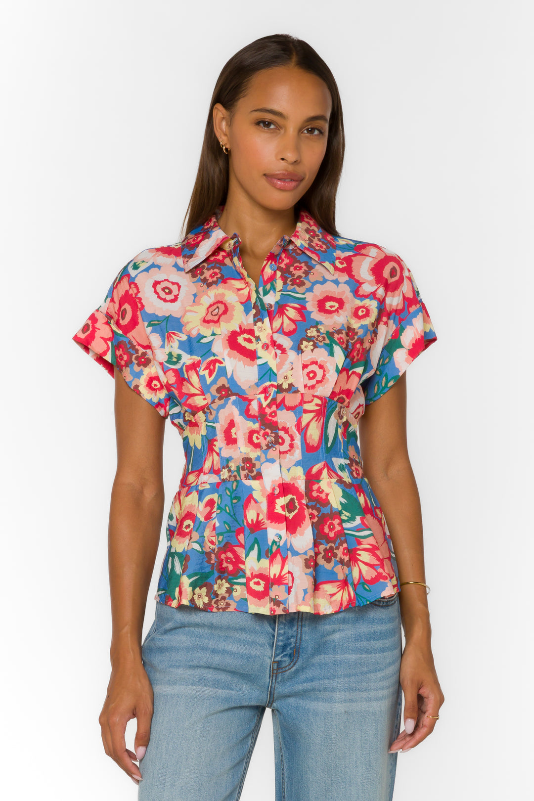 floral peplum blouse, women's short sleeve shirt, smocked back top, lyocell floral shirt, pleated waist blouse, spring floral top, Peri Spring Garden shirt, feminine button-down blouse at ooh la la! in Grapevine TX 76051