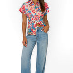 floral peplum blouse, women's short sleeve shirt, smocked back top, lyocell floral shirt, pleated waist blouse, spring floral top, Peri Spring Garden shirt, feminine button-down blouse at ooh la la! in Grapevine TX 76051