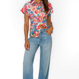 floral peplum blouse, women's short sleeve shirt, smocked back top, lyocell floral shirt, pleated waist blouse, spring floral top, Peri Spring Garden shirt, feminine button-down blouse at ooh la la! in Grapevine TX 76051