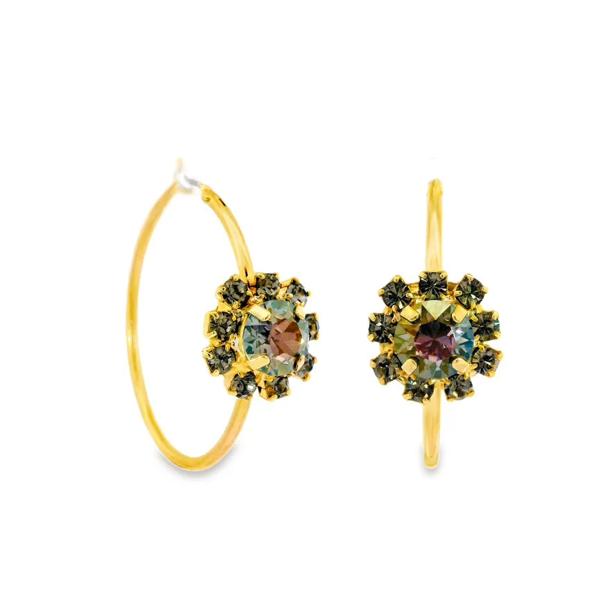 Tova Mini Bianca gold hoop earrings with black diamond crystal flower cluster detail at ooh la la! in Grapevine TX 76051