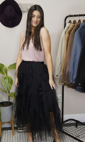 Layered Tulle Maxi Skirt in Black