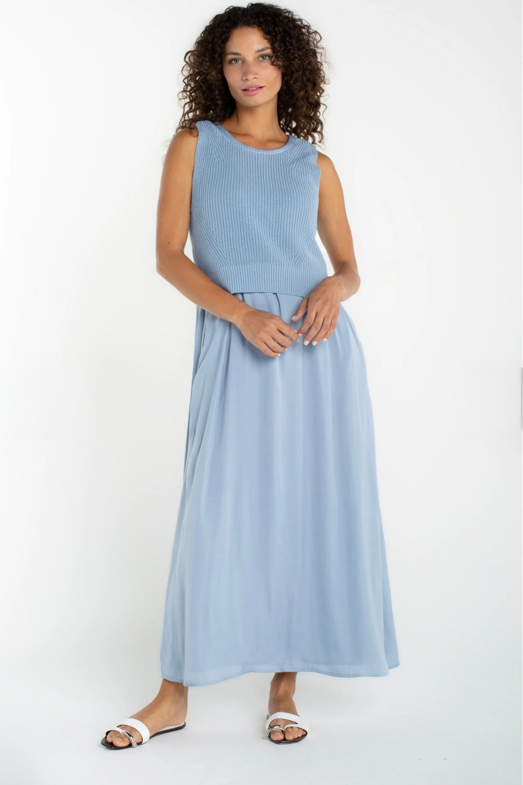 Liverpool Sleeveless Tie Back Sweater Woven Dress in malibu blue at Ooh La La! in Grapevine TX 76051