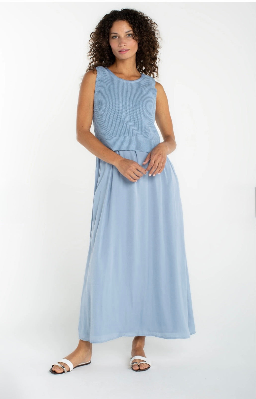 Liverpool Sleeveless Tie Back Sweater Woven Dress in malibu blue at Ooh La La! in Grapevine TX 76051