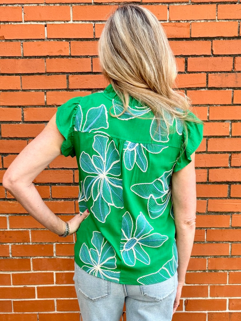 Floral embroidered top, green ruffle blouse, V-neck summer top, women's boho clothing, embroidered floral shirt, ruffle sleeve top, woven summer blouse.
ooh la la! in Grapevine TX 76051