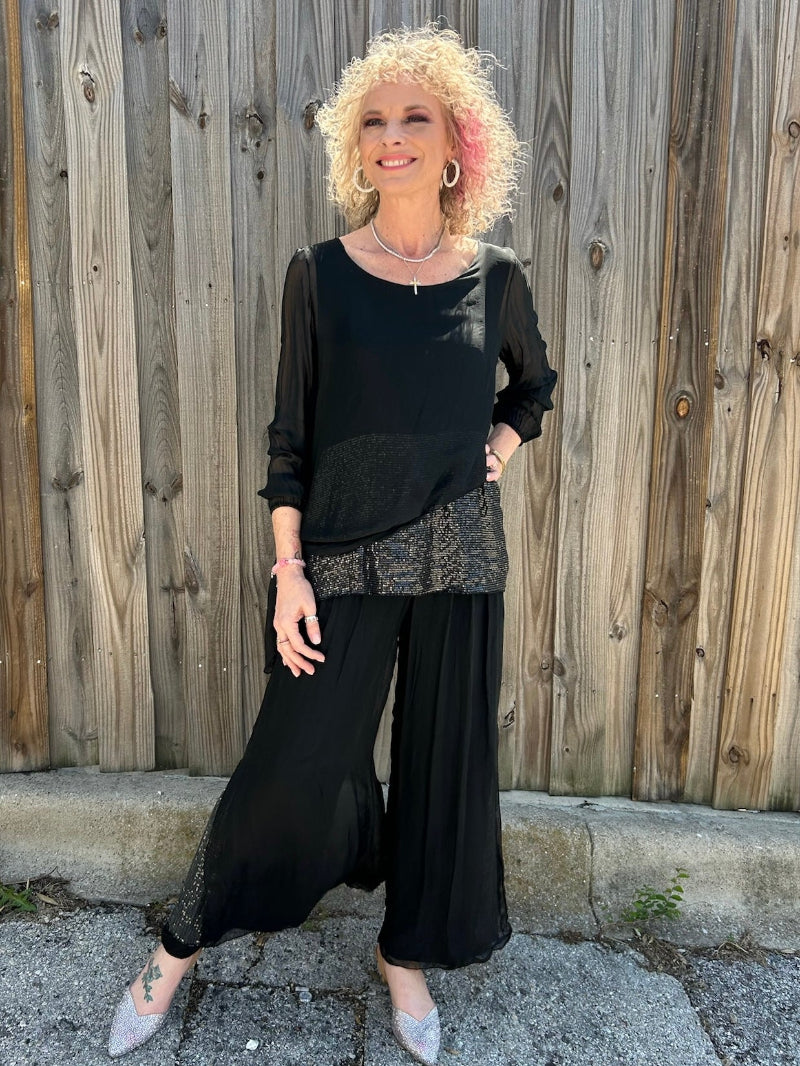 Silk Tunic & Pants w/ Sequin Detail in black at ooh la la! in Grapevine TX 76051