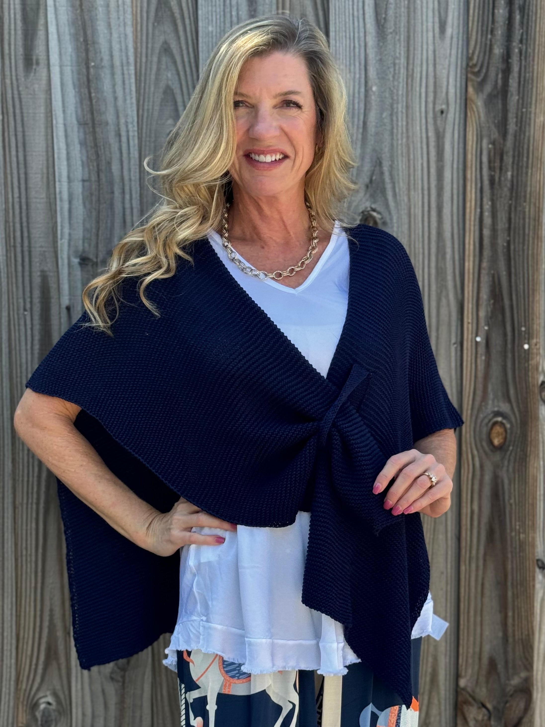 Ribbed Knit Wrap with Tab in navy at ooh la la! in Grapevine TX 76051