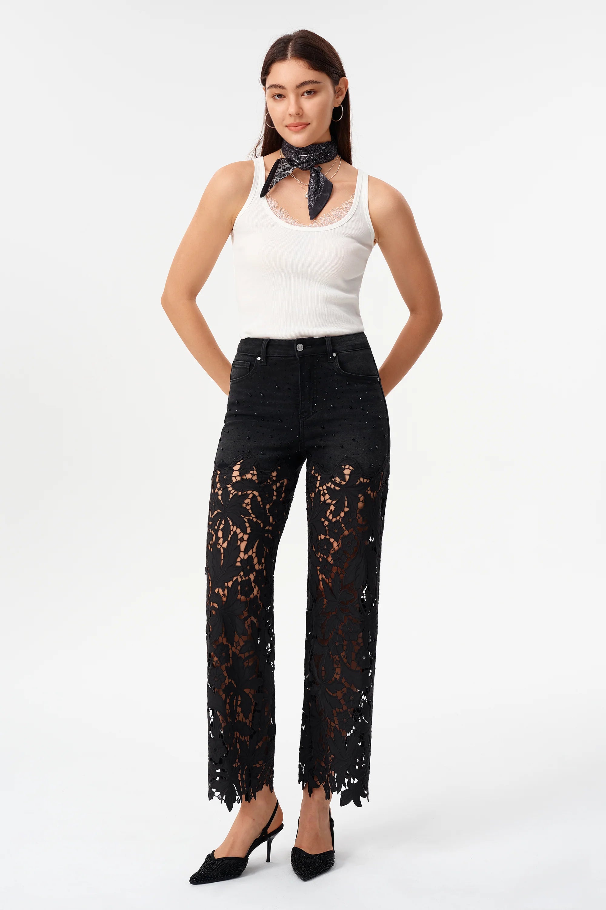Bayeas High Rise Embroidered Floral Lace Wide Leg Jeans in Inkgauze black at ooh la la! in Grapevine TX 76051