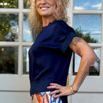 Satin Short Sleeve Top with Rib Knit Trim in navy at ooh la la! in Grapevine TX 76051