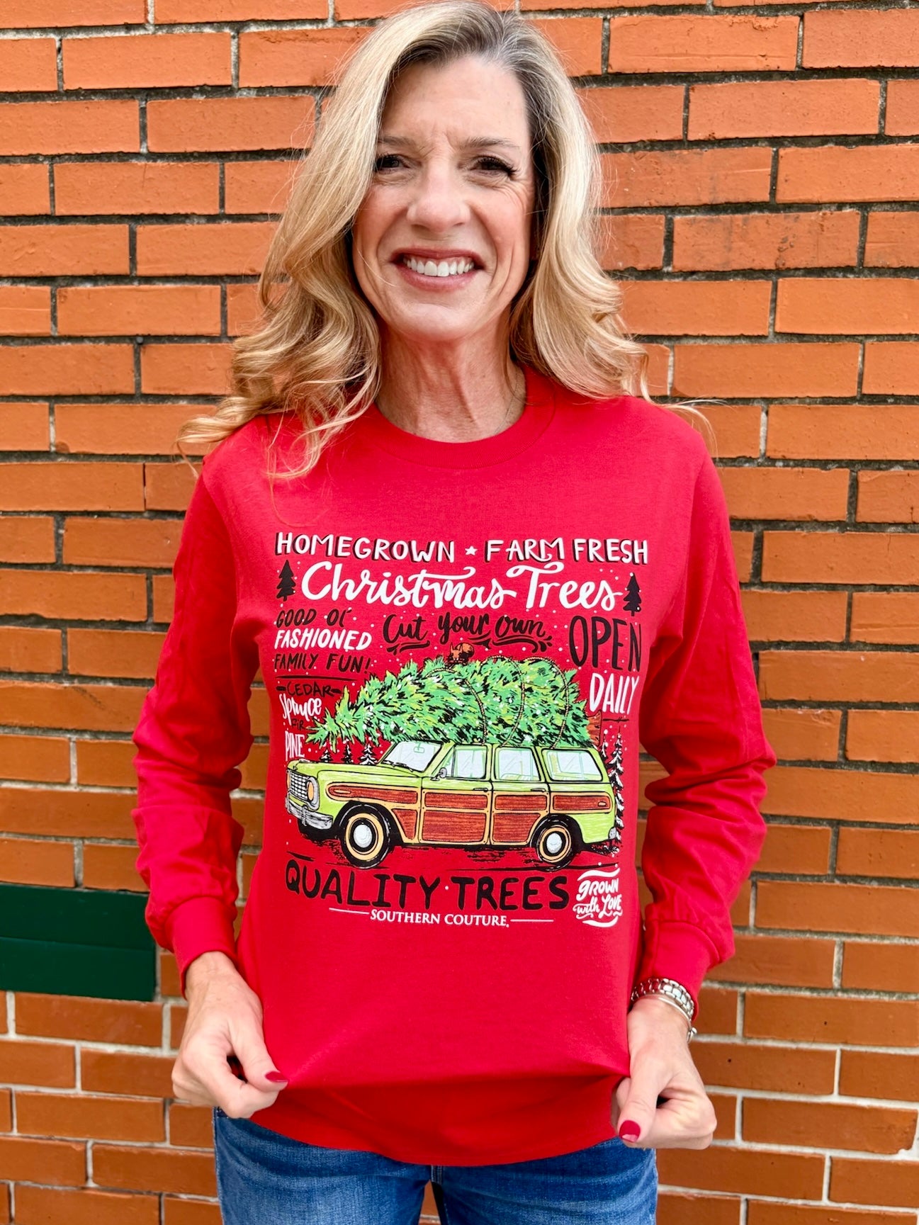 Homegrown Christmas Tree Car Long Sleeve Tee in red at ooh la la! in Grapevine TX 76051