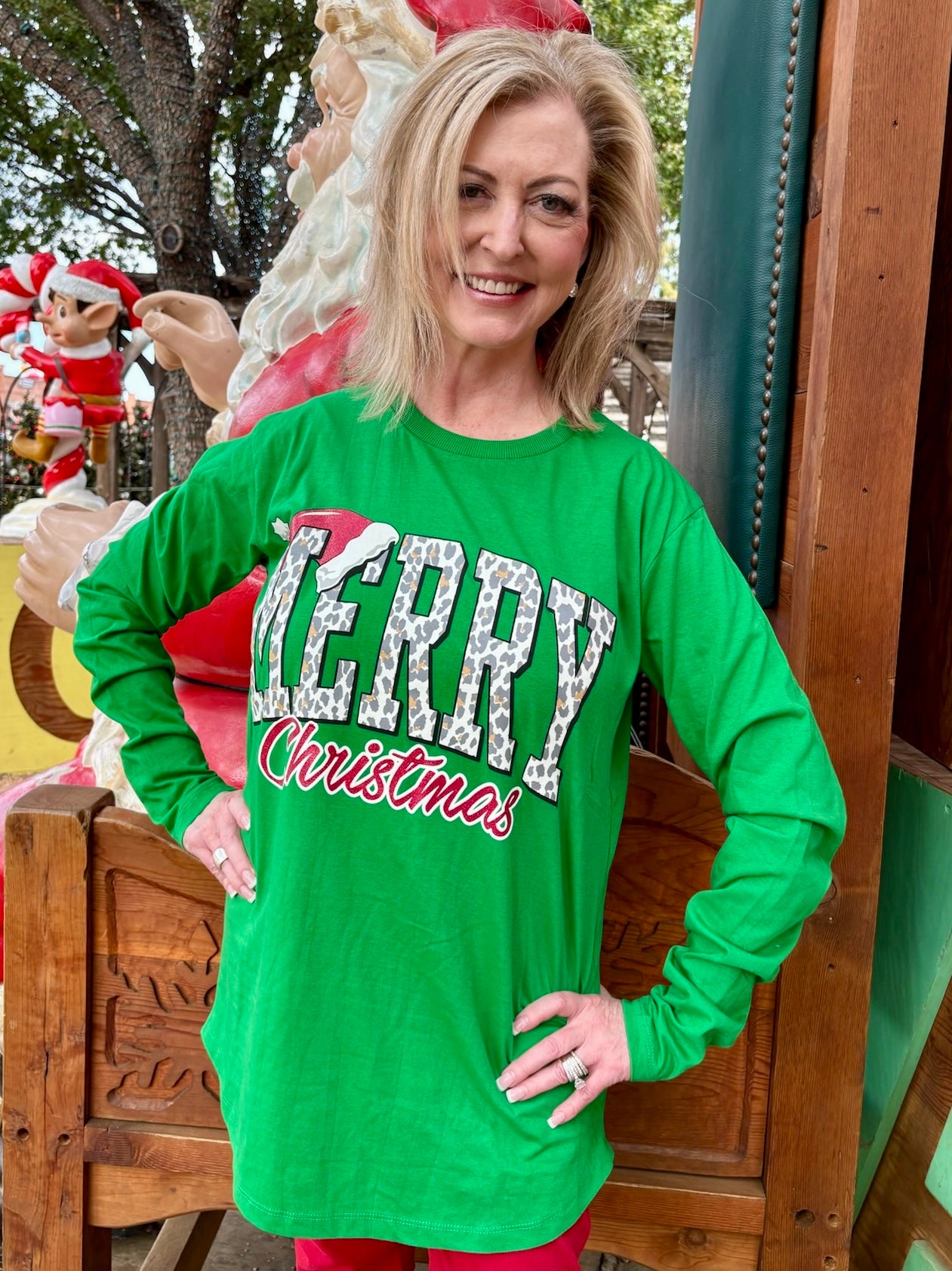 Leopard Merry Christmas Hat Long Sleeve Tee in kelly green at ooh la la! in Grapevine TX 76051