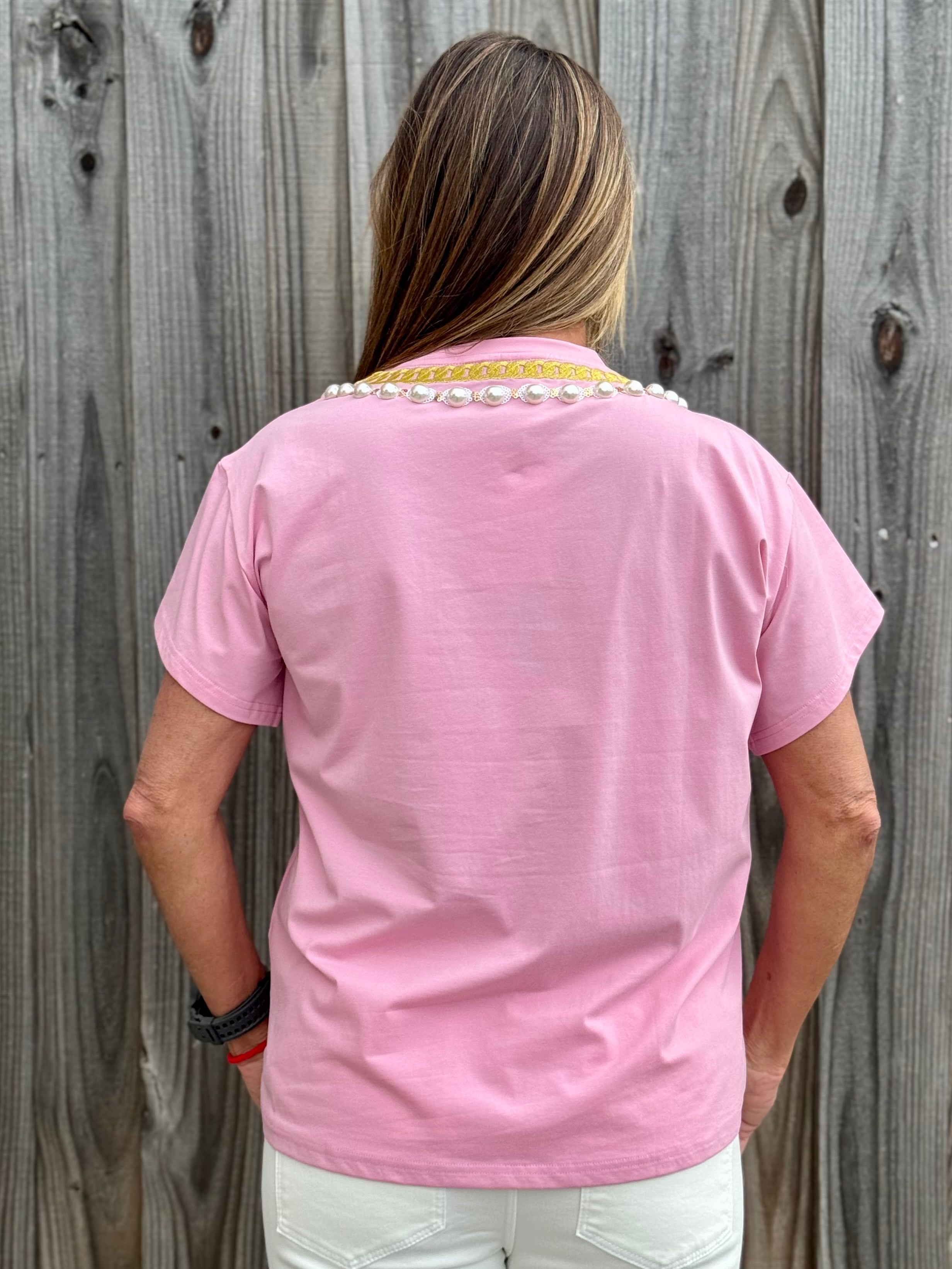 Queen of Sparkles Hot Pink Pearl & Chain Valentine's Day Charm Necklace Tee at ooh la la! in Grapevine TX 76051