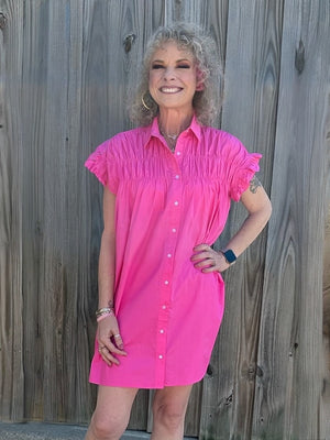 Molly Bracken Ruffle Sleeve Shirt Dress in pink at ooh la la! in Grapevine TX 76051