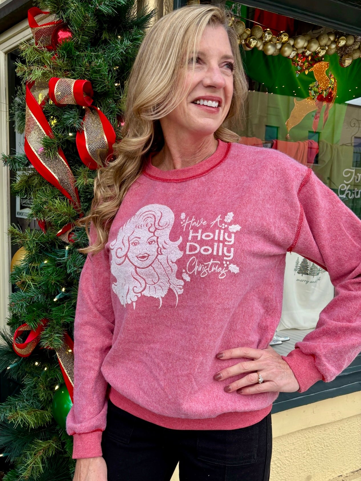 Holly Dolly Christmas Inverted Sweatshirt in red at ooh la la! in Grapevine TX 76051