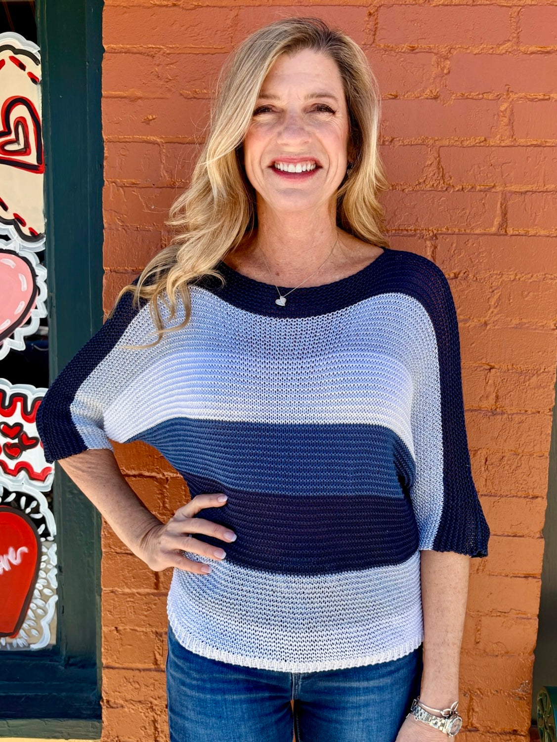 Glitter Stripe Boat Neck Sweater in navy at ooh la la! in Grapevine TX 76051