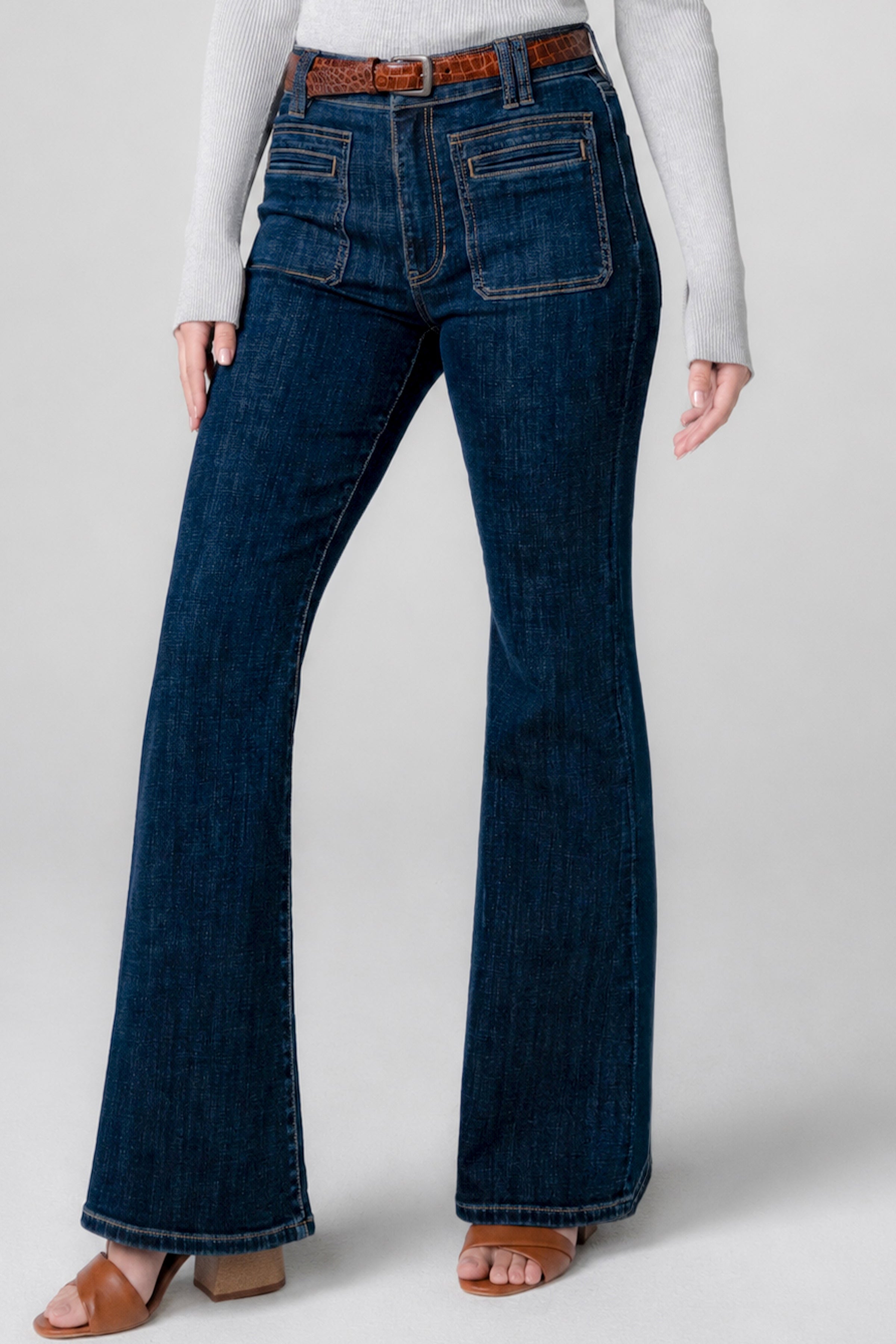 Liverpool Hannah Flare jeans with vintage patch pockets in collegiate blue denim at ooh la la! in Grapevine TX 76051