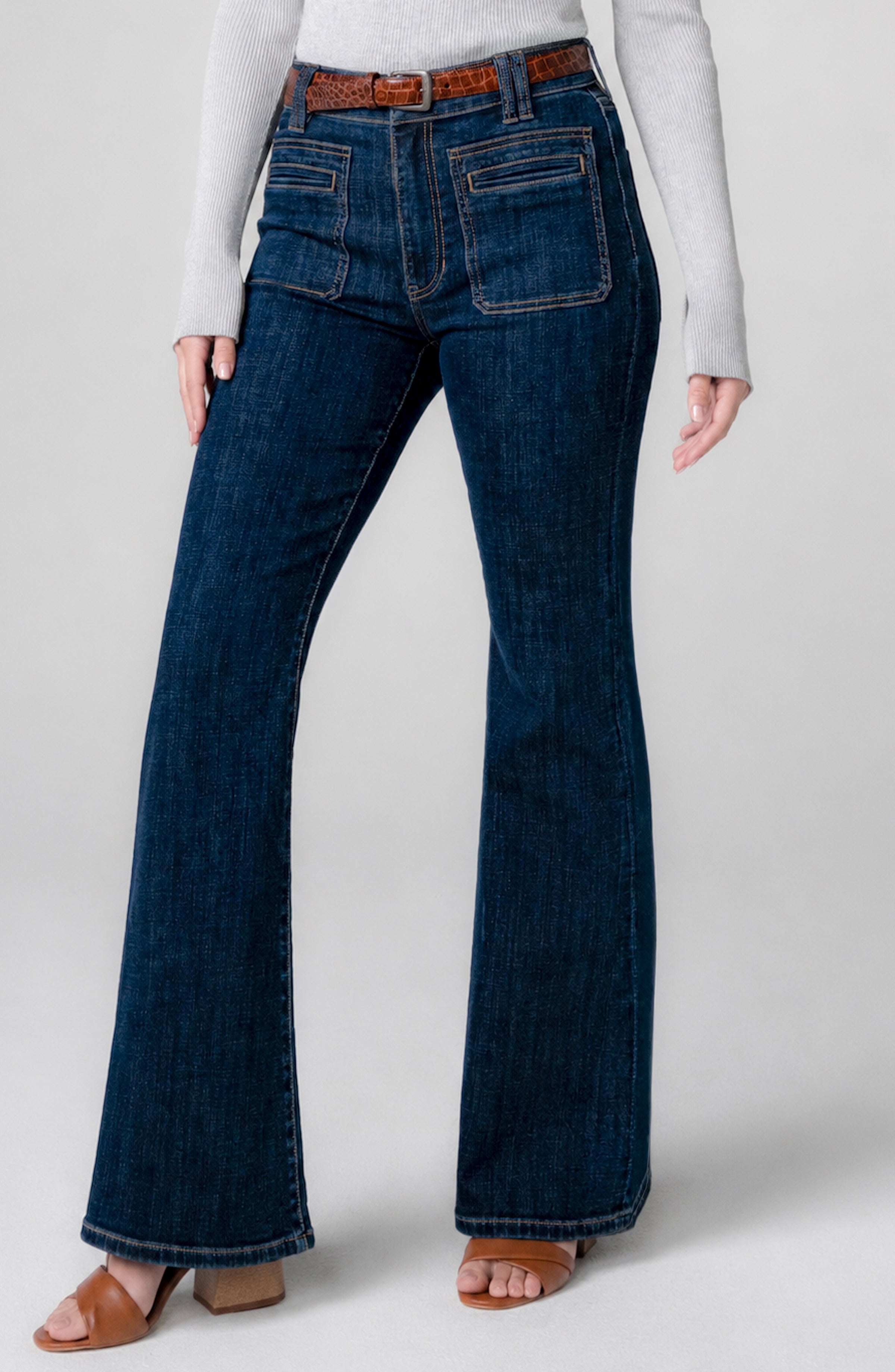 Liverpool Hannah Flare jeans with vintage patch pockets in collegiate blue denim at ooh la la! in Grapevine TX 76051