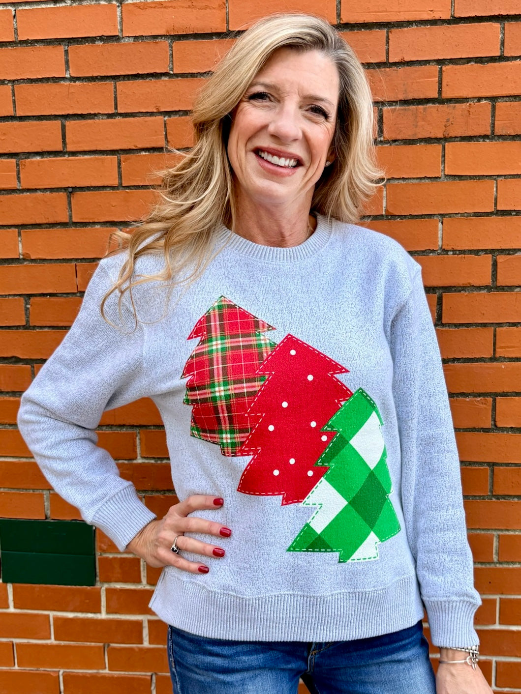 Christmas Three Trees Oversized Hi Lo Sweatshirt in oatmeal at ooh la la! In Grapevine TX 76051