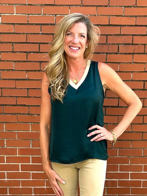 Molly Bracken Gold Trim VNeck Tank in dark green at ooh la la! in Grapevine TX 76051