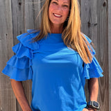 Royal Blue Ruffle sleeve tee, women's tiered sleeve top, flutter sleeve blouse, Zenara fashion, elbow length ruffle top, feminine casual wear, elegant knit tee, boutique ruffle top. at ooh la la! in Grapevine TX 76051